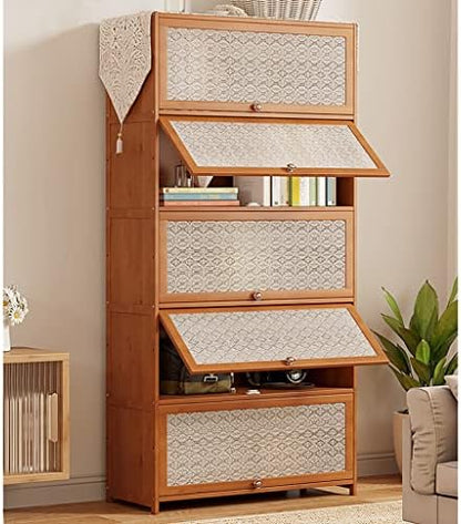 Bamboo Bookcase with flip-up Acrylic Doors, 1-5 Tier Free Standing Book Shelf Storage Organizer for Living Room Office Bedroom (Wood 80 * 32 * 172cm)