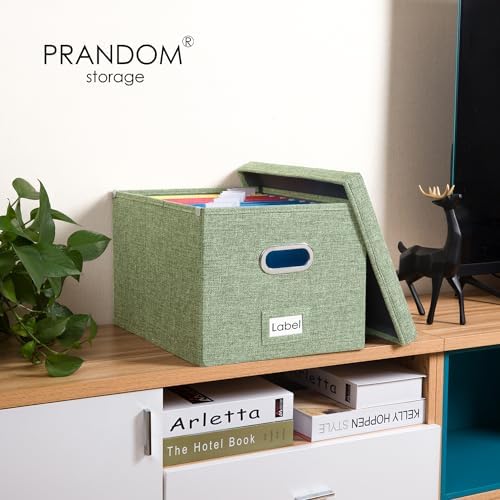 PRANDOM File Organizer Box - Set of 2 Collapsible Decorative Linen Filing Storage Hanging File Folders with Lids Office Cabinet Letter/Legal Size Green 17x14x11.2 inch