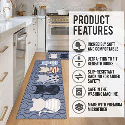 Cat Kitchen Rugs and Mats for Floor 2 Piece Sets, Cat Floor Mat for Kitchen, Farmhouse Waterproof Cats Kitchen Mat in Front of Sink for Standing for Country Kitchen Decor 17"X30"+17"X47"