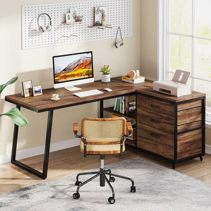 Tribesigns L-Shaped Computer Desk with 3 Drawers, Reversible Corner Home Office Desk with Shelves, 53-Inch Industrial PC Desk Study Writing Table Workstation for Small Space, Rustic Brown