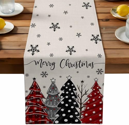 Red Black Christmas Tree Table Runner Dresser Scarf 13 x 36 Inch Polka Dots Xmas Tree Snowflake Linen Table Runners Non-Slip Heat Resistant Kitchen Dining Table Decor for Home Holidays Indoor Outdoor