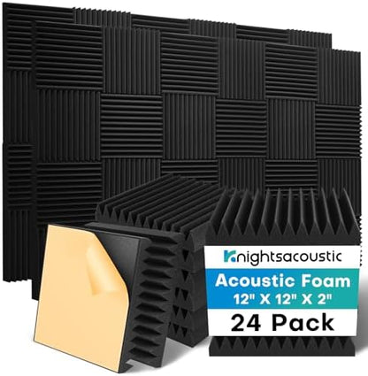 Knightsacoustic 24 Pack Sound Proof Foam Panels for Walls with Self Adhesive, 12x12x2 Acoustic Foam Panels, High Density Acoustic Panels Sound Absorbing, Fire Resistant Studio Sound Proofing Black