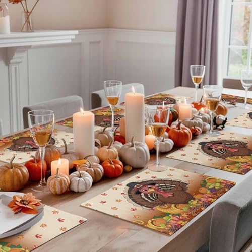 Vandarllin Thanksgiving Turkey Placemats Set of 4, Fall Leaf Autumn Harvest Pumpkin Cotton Linen Stain Resistant Table Mats Washable Placemat Decoration for Kitchen Dining Table,Yellow