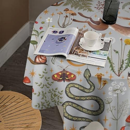 Woodland Animal Tablecloth, Grey Country Forest Hare Squirrel Owl Snake Snail Flowers Mushroom Print Table Cover for Picnic Party Holiday Home Kitchen Dining Table Decor, 70x70in