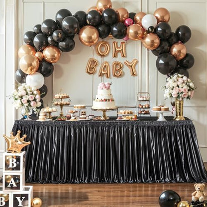 Wish Care 6ft Black Satin Table Skirt for Rectangle Tables Wrinkle Free Teacher Desk Skirt Glitter Ruffle Table Skirting Cloth for Back to School Classroom Office Dorm Birthday Party Table Decor