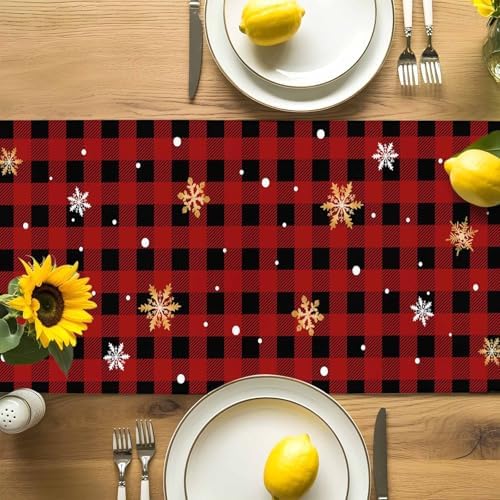 Black Santa Claus Table Runner Dresser Scarf 13 x 108 Inch Merry Christmas Snowflake Red Black Plaid Table Runners Non-Slip Heat Resistant Kitchen Dining Table Decor for Home Holidays Indoor Outdoor