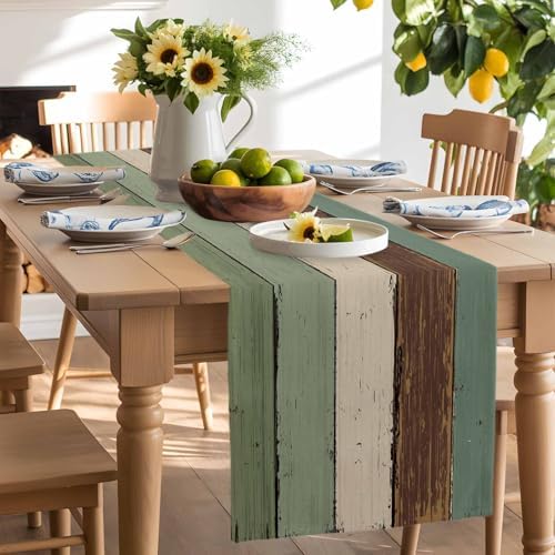 Green Brown Wood Grain Table Runner Dresser Scarf 13 x 72 Inch Vintage Mottled Board Striped Farm Table Runners Non-Slip Heat Resistant Kitchen Dining Table Decor for Home Holidays Indoor Outdoor