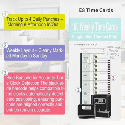 E8 Weekly Thermal Time Cards for Employees, Compatible with Lathem 2100HD & 800P Time Clocks, Single-Sided with Named Days E8 Thermal Print Timesheets (1000)