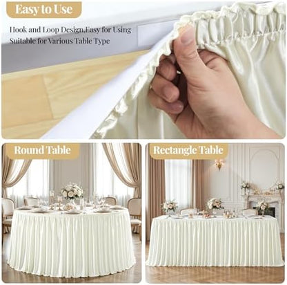 Wish Care 17ft Ivory Satin Long Table Skirt for Rectangle Tables Wrinkle Free Teacher Desk Skirt Glitter Ruffle Table Skirting Cloth for Back to School Classroom Office Birthday Party Table Decor