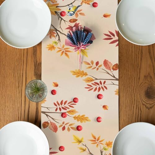Fall Table Runner Hello Fall Pumpkin Table Runners Harvest Thanksgiving Maple Leaves Sunflower Bird Cotton Linen Dresser Scarf Kitchen Dining Table Decor for Autumn Holiday Party Coffee 13x48 Inch