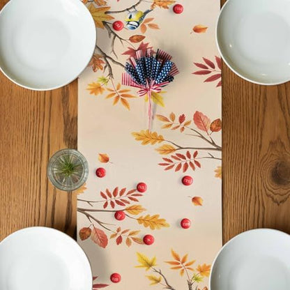 Fall Table Runner Hello Fall Pumpkin Table Runners Harvest Thanksgiving Maple Leaves Sunflower Bird Cotton Linen Dresser Scarf Kitchen Dining Table Decor for Autumn Holiday Party Coffee 13x48 Inch
