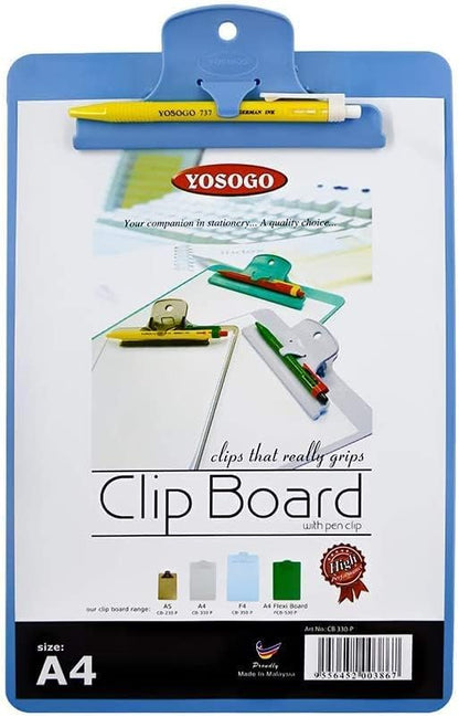 Yosogo A4/Letter Size Plastic Clipboard, 4-Pack with Handy Pen Holder & Bonus Pen, Holds up to 40 Sheets, Durable Plastic – Writing, Office, Stationary, School Supplies Set (4-Pack)