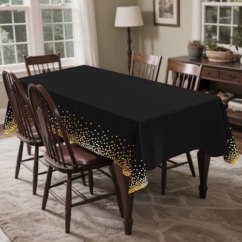 CXPSINC 54 Inch X 300 Feet Plastic Table Cover Roll Disposable Tablecloth with Slide Cutter for All Type/Shape Tables | Party, Banquet, Birthdays, Weddings(Black & Gold Dot, 300 Feet)