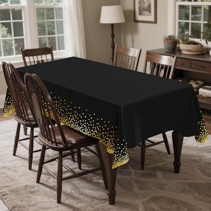 CXPSINC 54 Inch X 300 Feet Plastic Table Cover Roll Disposable Tablecloth with Slide Cutter for All Type/Shape Tables | Party, Banquet, Birthdays, Weddings(Black & Gold Dot, 300 Feet)