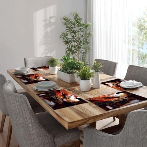 Batmerry Autumn Oriental Maple Linen Placemats Set of 8, Classical Architecture Paths Fallen Leaves Washable Table Mats for Kitchen Table Thickened Heat Insulation Dining Set Indoor Outdoor 12X18 in