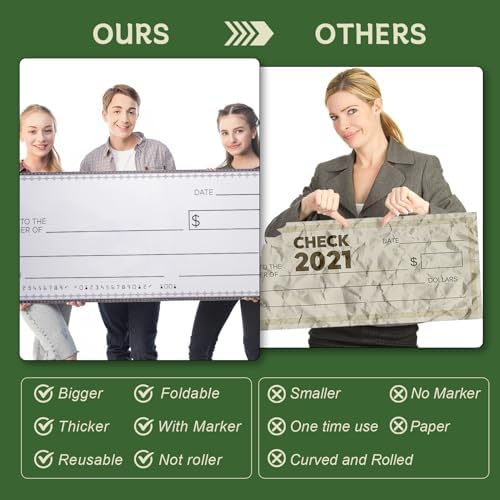 33 * 14 Inch Large Giant Big Fake Oversized Checks Award for Presentations Hard Collapsible Reusable Premium PP Plastic Board with Marker and Adhesive Strips (2 Pack)