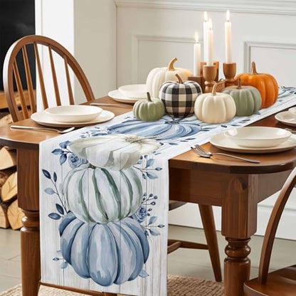 Fall Table Runner Blue Pumpkin Table Runners Harvest Thanksgiving White Blue Pumpkins Wooden Cotton Linen Dresser Scarf Kitchen Dining Table Decor for Autumn Holiday Party Coffee 13x36 Inch