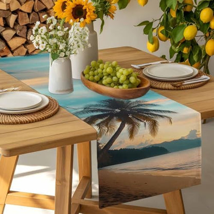 Sunset Beach Table Runner Dresser Scarf 13 x 72 Inch Tropical Coastal Ocean Palm Tree Nautical Table Runners Non-Slip Heat Resistant Kitchen Dining Table Decor for Home Holidays Indoor Outdoor