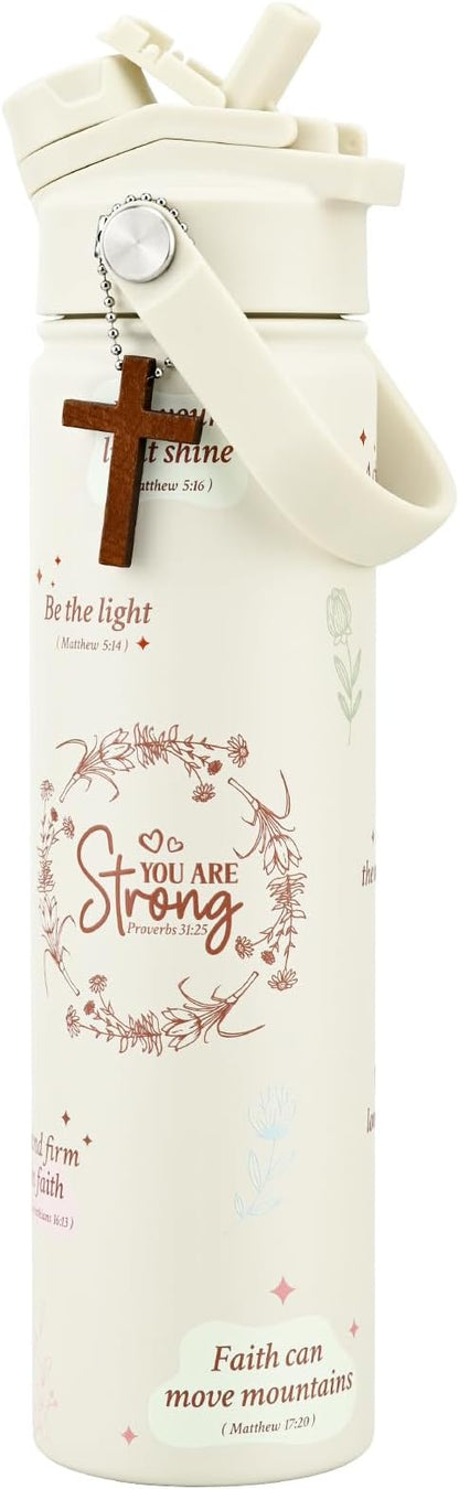 KEWIXY 24 oz Christian Water Bottle, 2-in-1 Lid, Straw & Spout, Insulated, Leak Proof, Keep Cold, Stainless Steel, Metal, Reusable, Birthday Gifts for Christian Women, Cupholder Friendly, Christian