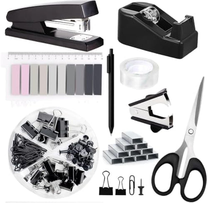 Office Supplies,Black Desk Accessories,Office Supplies Set,Stapler and Tape Dispenser Set,Scissors,Staple Remover,Binder Clips,Staples,Ballpoint Pen,Index Tabs with Ruler,Clear Tape.9pcs for Office