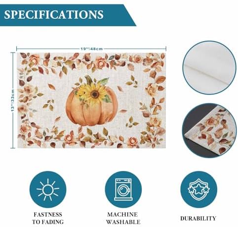 Boho Fall Placemats Set of 6, Thanksgiving Watercolor Pumpkins Heat Resistant Washable Table Place Mats Sunflowers Eucalyptus Table Linens Party Holiday Decor for Home Kitchen Dining Outdoor Indoor,