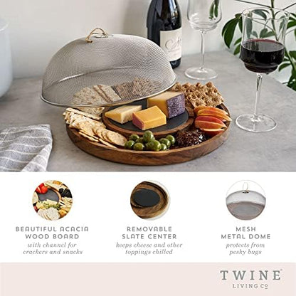Twine Modern Manor Slate & Acacia Wooden Charcuterie Board With Dome Cover, Outdoor Entertaining Cheese Board, Snack Platter, 3-Piece Set