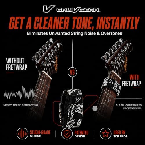 Gruv Gear Fret Wrap & Guitar Mute, Fretwrap for Acoustic, Electric & Bass | String Dampener Recording, Tapping & Practice Accessory (1 Pack, Extra Large Bandana Black, Fits 7-12 String Bass, Extended
