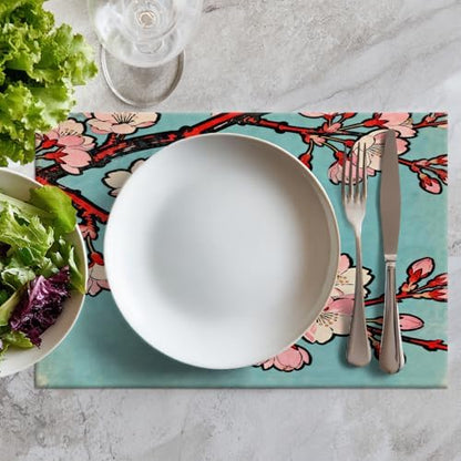 Batmerry Shabby Chic Cherry Blossom Linen Placemats Set of 4, Pink Floral Turquoise Background Washable Table Mats for Kitchen Table Thickened Heat Insulation Dining Set Indoor Outdoor 12X18 in