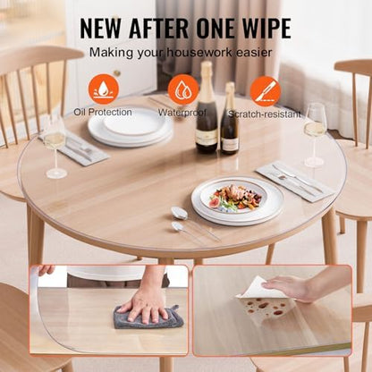 VEVOR Plastic Table Cover, 48 x 48 Inch 2.0 mm Thick Clear Round PVC Desk Mat Protector, Waterproof & Easy Cleaning Tablecloth for Office, Dresser, Dining Room, Night Stand