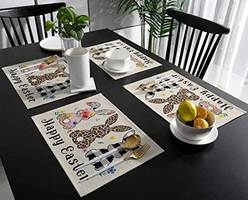 Artwork Store Happy Easter Placemats Set of 6,Cotton Linen Heat Resistant Table Mats Washable Cute Easter Bunny Florals Flowers Rabbit Placemat for Holiday Banquet Party Dining Kitchen Table Decor