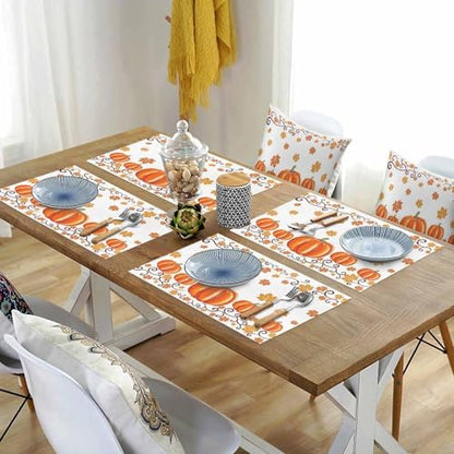 Fall Maple Leaves Placemats Set of 6, Thanksgiving Watercolor Pumpkins Heat Resistant Washable Table Place Mats Orange Cotton Table Linens Party Holiday Decor for Home Kitchen Dining Outdoor Indoor,