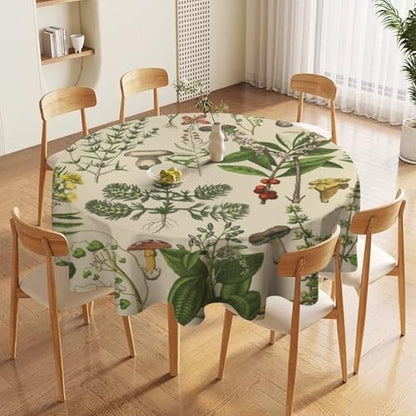 Vintage Botanical Tablecloth, Antique 1900s Mushroom Boho Wildflower Green Herbs Ferns Farmhouse Table Cover for Party Picnic Dinner Decor, 60x60in