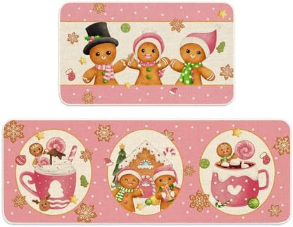 JarThenaAMCS Christmas Kitchen Mats Set of 2 Pink Gingerbread Man Non-Slip Floor Mat Xmas Decorative Rugs for Bathroom Kitchen, 17 x 29 Inch & 17 x 47 Inch