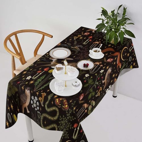 Rustic Forest Tablecloth, Fairy Tale Forest Woodland Wild Animals Moths Flowers Moon Star Table Cover for Home Kitchen Dining Table Party Camping Decor 60x120in