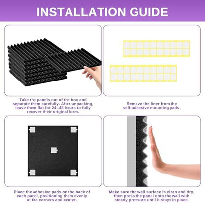 52 Pack Acoustic Foam Panels,1" x 12" x 12"Acoustic Wedge Studio Foam Sound Absorption Wall Panels (Black/Purple)