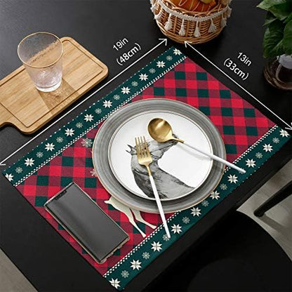 Christmas Trees Reindeer Elk Placemats Set of 4, Red Holiday Buffalo Checkered Plaid Cotton Line Stain Resistant Table Mats Washable Holidays Placemat Decoration For Kitchen Dining Table Farmhouse