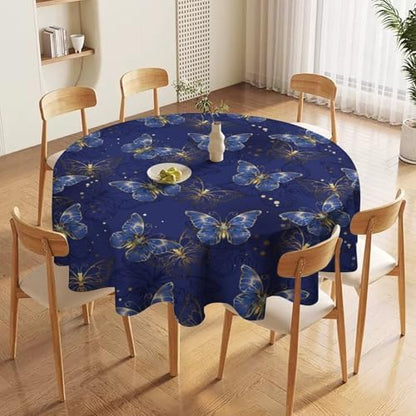 Retro Blue Butterfly Tablecloth, Luxury Golden Blue Butterfly Print Table Cover for Home Dining Decor Kitchen Party Outdoor, 36x36in