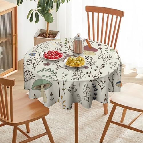 Mushroom Tablecloth, Boho Floral Rustic Wildflower Herbs Plants Colorful Botanical Green Leaves Print Table Cloth for Kitchen Dining Picnic Party Restaurant Decoration, 70x70in
