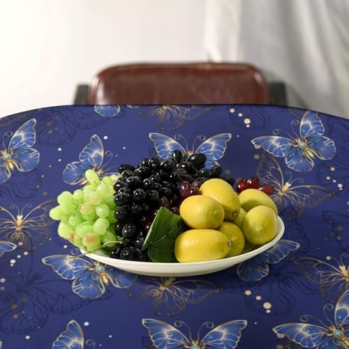 Retro Blue Butterfly Tablecloth, Luxury Golden Blue Butterfly Print Table Cover for Home Dining Decor Kitchen Party Outdoor 60x90in