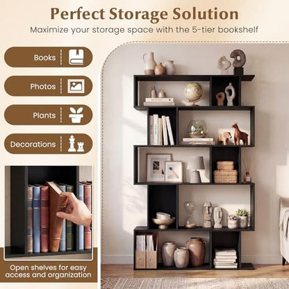 Giantex 5-Tier Bookshelf, 10-Cube Geometric Book Case with 5 Closed-Back Cubbies, Anti-toppling Kits, Open Display Storage Shelf for Living Room, Home Office, Bedroom, Black