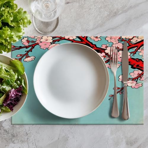 Batmerry Shabby Chic Cherry Blossom Linen Placemats Set of 8, Turquoise Vintage Washable Table Mats for Kitchen Table Thickened Heat Insulation Dining Set Indoor Outdoor 12X18 in