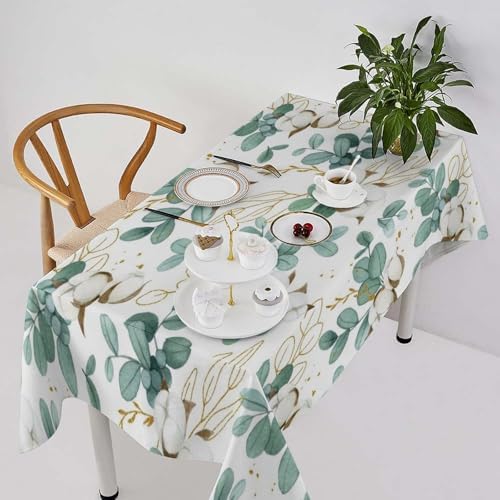 Cotton Flowers Tablecloth, Watercolor Summer Green Golden Eucalyptus Leaves Floral Print Table Cloth for Outdoor Picnic Home Dining Kitchen Table Decor 55x75in