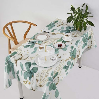 Cotton Flowers Tablecloth, Watercolor Summer Green Golden Eucalyptus Leaves Floral Print Table Cloth for Outdoor Picnic Home Dining Kitchen Table Decor 55x75in
