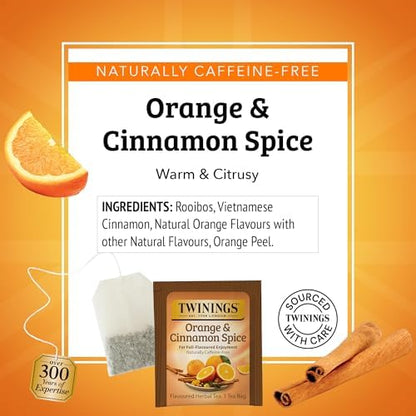 Twinings Orange & Cinnamon Spice Herbal Tea Individually Wrapped Bags, 20 Count (Pack of 1), Naturally Caffeine-Free, Enjoy Hot or Iced, 20 Teabags