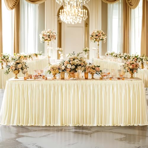 Wish Care 21ft Champagne Satin Long Table Skirt for Rectangle Tables Wrinkle Free Teacher Desk Skirt Glitter Ruffle Table Skirting Cloth for Back to School Classroom Office Birthday Party Table Decor