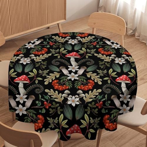 Autumn Mushroom Tablecloth, Rustic Vintage Farmhouse Mushrooms Fern Berries Leaves Botanical Print Table Cover for Outdoor Party Picnic Kitchen Dinning Table Decor, 50x50in