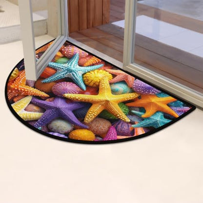 Ocean Starfish Half Round Door Mat Non Slip Washable Semi Circle Area Rug Absorbent Soft Half Moon Rug Floor Mat for Indoor Outdoor Kitchen Bathroom Patio Front Door Mat Decor