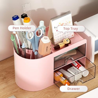 Marbrasse Small Desk Organizer with Drawer, Multi-Functional Pen Pencil Holder Storage Box, Desk Organizers and Accessories with 4 Compartments + 2 Drawer for Office Art Supplies(Pink)