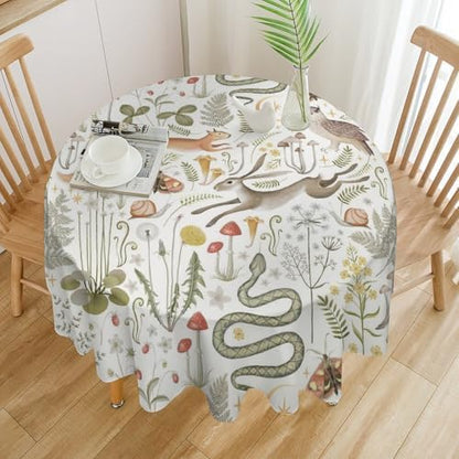 Country Forest Tablecloth, Wild Animal Hare Squirrel Owl Snake Snail Flowers Mushroom Table Cover for Tea Party Weddings Indoor Outdoor Dining, 50x50in