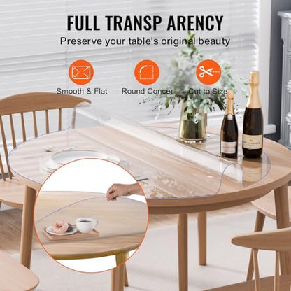 VEVOR Plastic Table Cover, 48 x 48 Inch 2.0 mm Thick Clear Round PVC Desk Mat Protector, Waterproof & Easy Cleaning Tablecloth for Office, Dresser, Dining Room, Night Stand